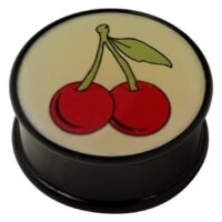Icon Cherries Plug aus PMMA in Schwarz Schwarzer Plug aus PMMA mit Kirschenmotiv auf hellem Hintergrund