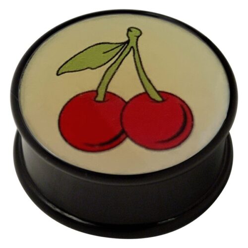 Schwarzer Plug mit zwei roten Kirschen und grünem Blatt auf hellem Hintergrund