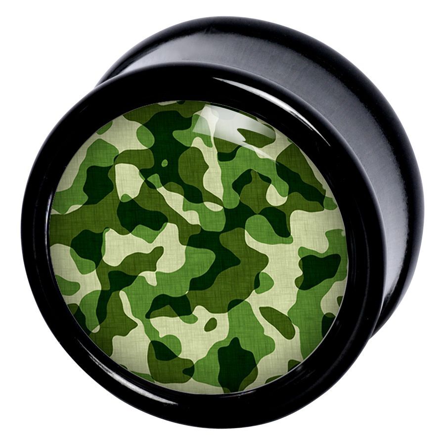 Camouflage Plug in Schwarz-Grün Design Runder Camouflage Plug mit grünem Tarnmuster auf schwarzem Hintergrund