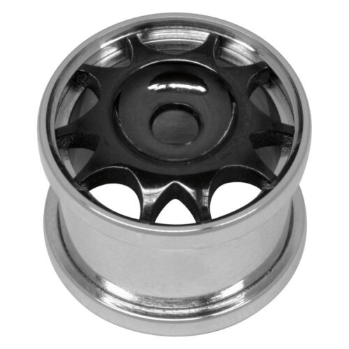 Silberner Flesh Tunnel aus Chirurgenstahl mit Rad-Design auf weißem Hintergrund