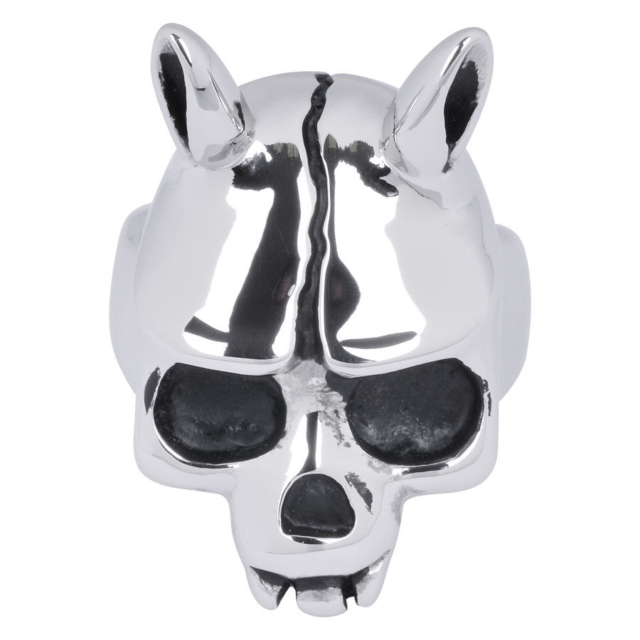 Silberner Ring in Form eines Totenkopfes mit Hörnern, glänzender Chirurgenstahl