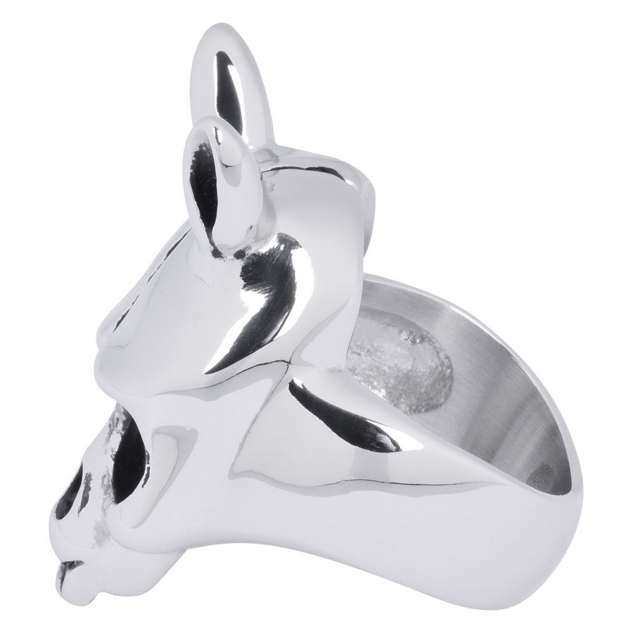 Silberner Ring in Form eines Tierschädels aus Chirurgenstahl auf weißem Hintergrund