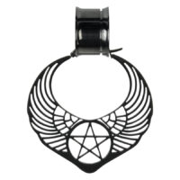 Schwarze Ohrringe mit Flügel- und Pentagramm-Motiv auf weißem Hintergrund