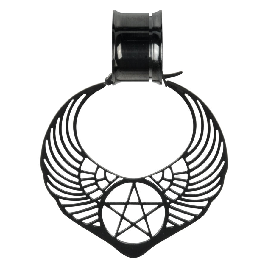 Schwarze Ohrringe mit Flügel- und Pentagramm-Motiv auf weißem Hintergrund