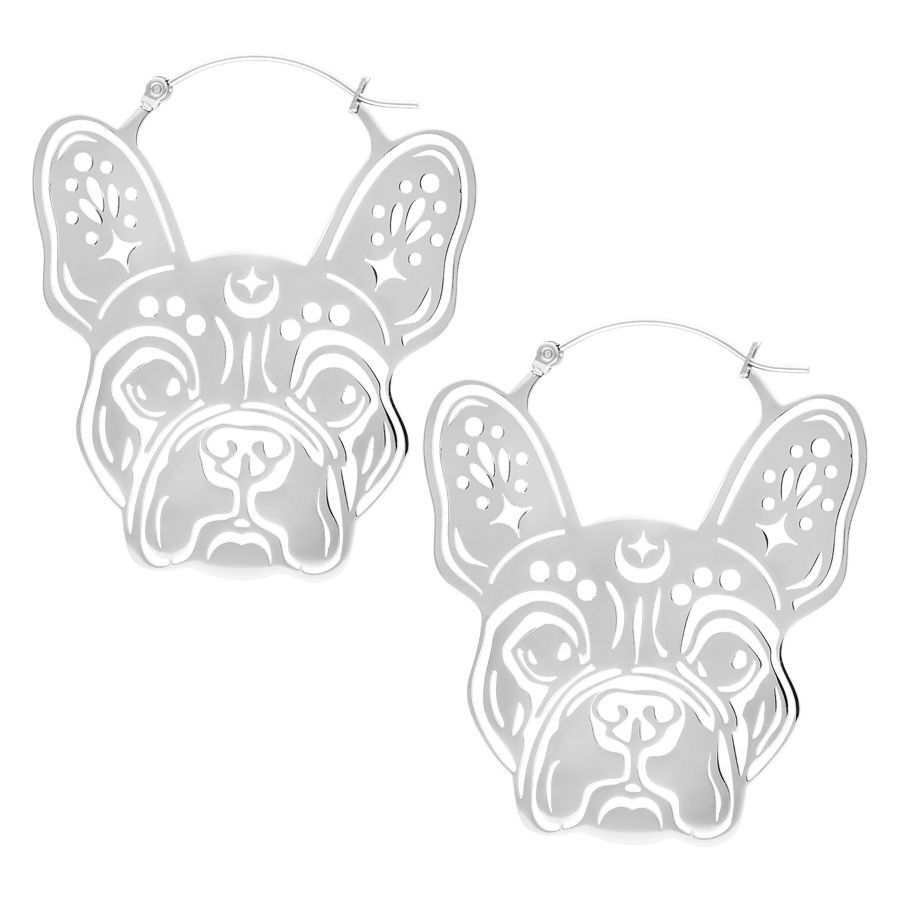 Bulldog Hoops Ohrringe aus Chirurgenstahl Silberne Bulldoggen-Ohrringe aus Chirurgenstahl auf weißem Hintergrund