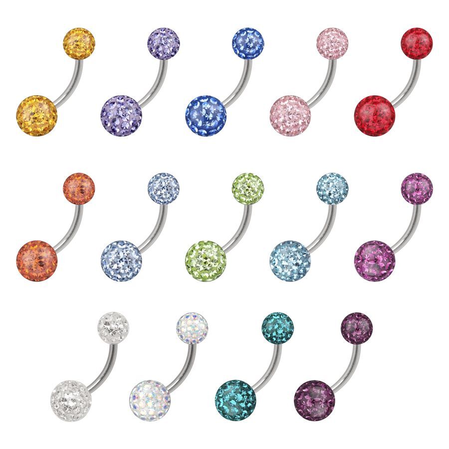 Bauchnabel Bananabells mit Kristallen in bunten Farben Bauchnabelpiercings aus Titan mit bunten, glitzernden Kristallkugeln auf weißem Hintergrund