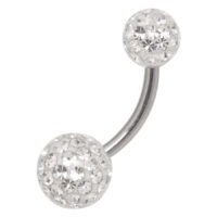 Sealed Multi Jewelled Bananabell 6mm Weiß Silbernes Bananenpiercing mit kristallklaren Steinen auf weißem Hintergrund