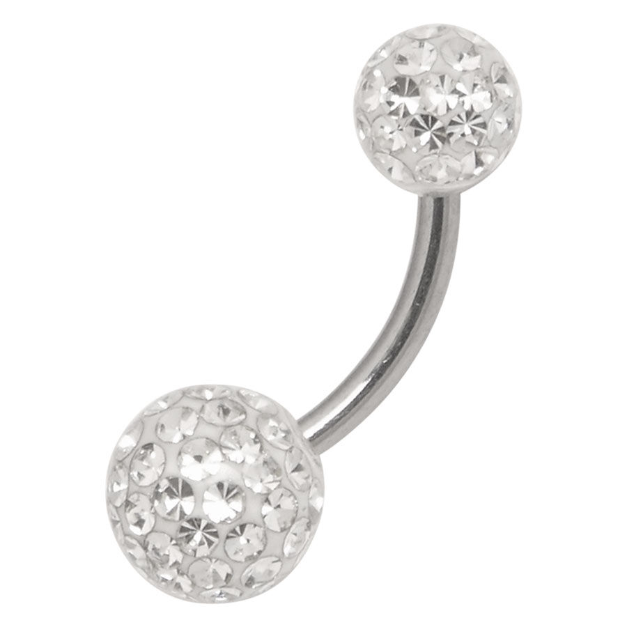 Sealed Multi Jewelled Bananabell 6mm Weiß Silbernes Bananenpiercing mit kristallklaren Steinen auf weißem Hintergrund