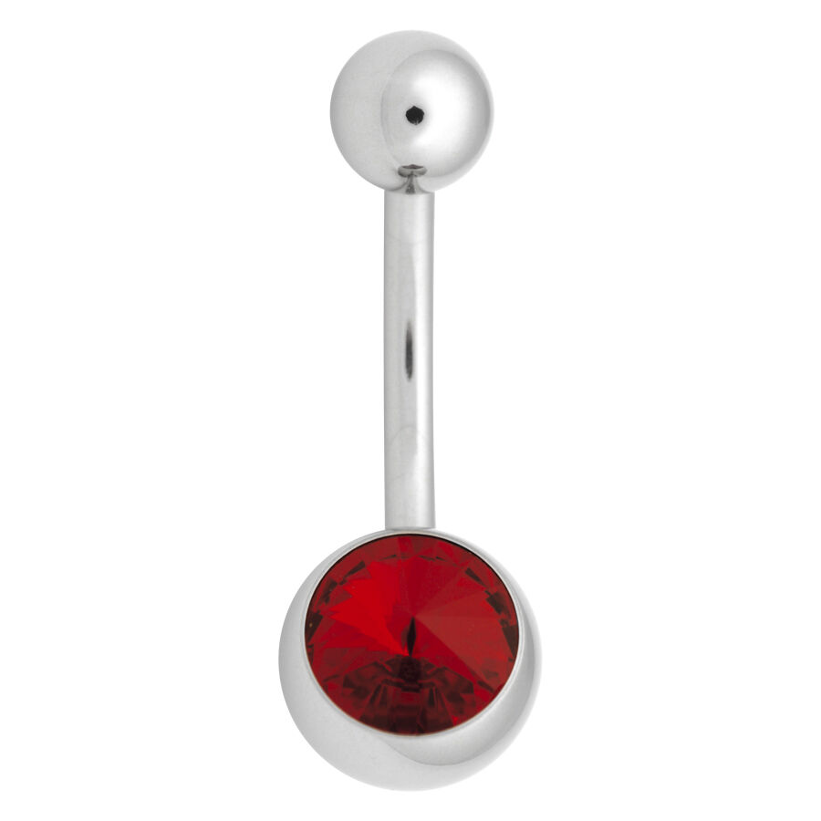 Titan Bauchnabel Piercing mit rotem Kristall, 8mm Silbernes Titan-Bauchnabelpiercing mit rotem Kristall auf weißem Hintergrund