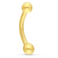 18K Gold Microbananabell Piercing Goldenes Microbananabell Piercing aus 18K Gold mit zwei Kugeln auf weißem Hintergrund