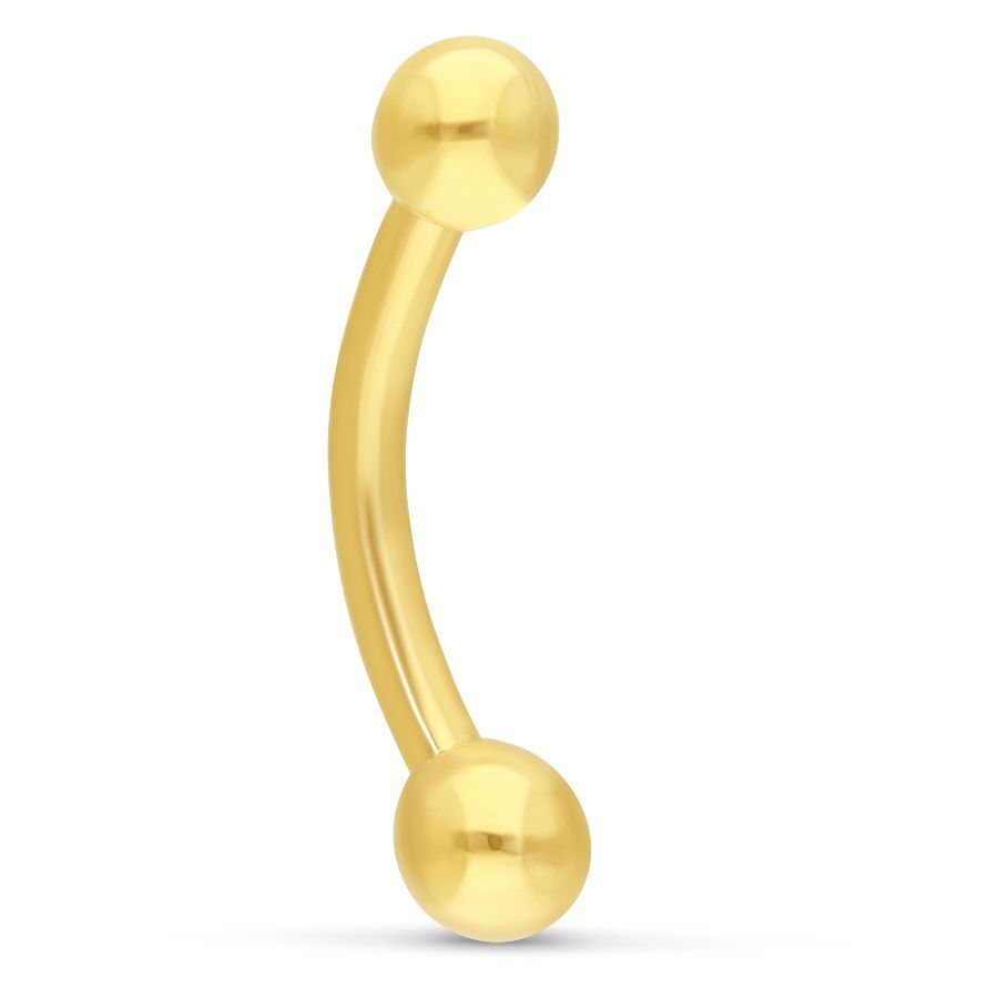 18K Gold Microbananabell Piercing Goldenes Microbananabell Piercing aus 18K Gold mit zwei Kugeln auf weißem Hintergrund