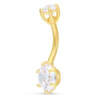 18K Gold Bananabell mit Doppel-Kristallen Goldenes 18K Bananabell mit zwei klaren Kristallen auf weißem Hintergrund