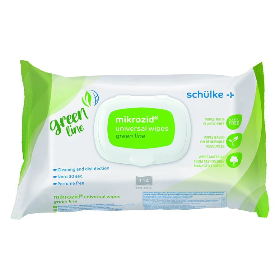 Mikrozid Wipes Green Line 80 Stück Packung Mikrozid Universal Wipes Green Line auf weißem Hintergrund