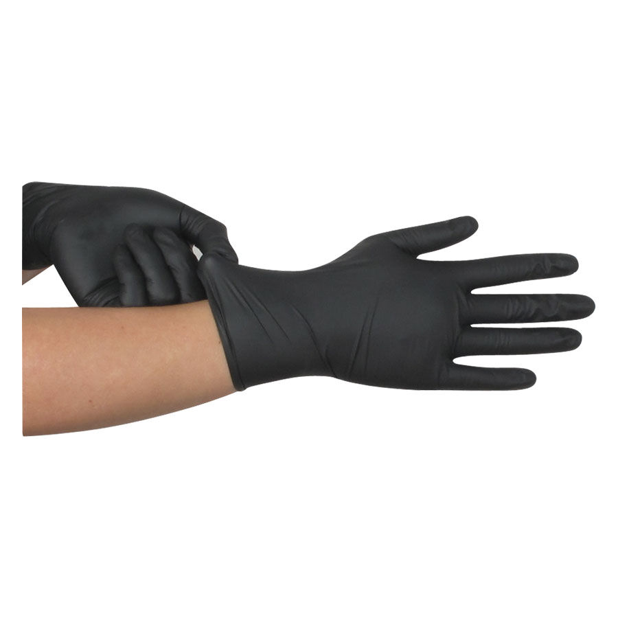 Schwarze Latexhandschuhe Panthera Kollektion Schwarze Latexhandschuhe an einer Hand auf weißem Hintergrund
