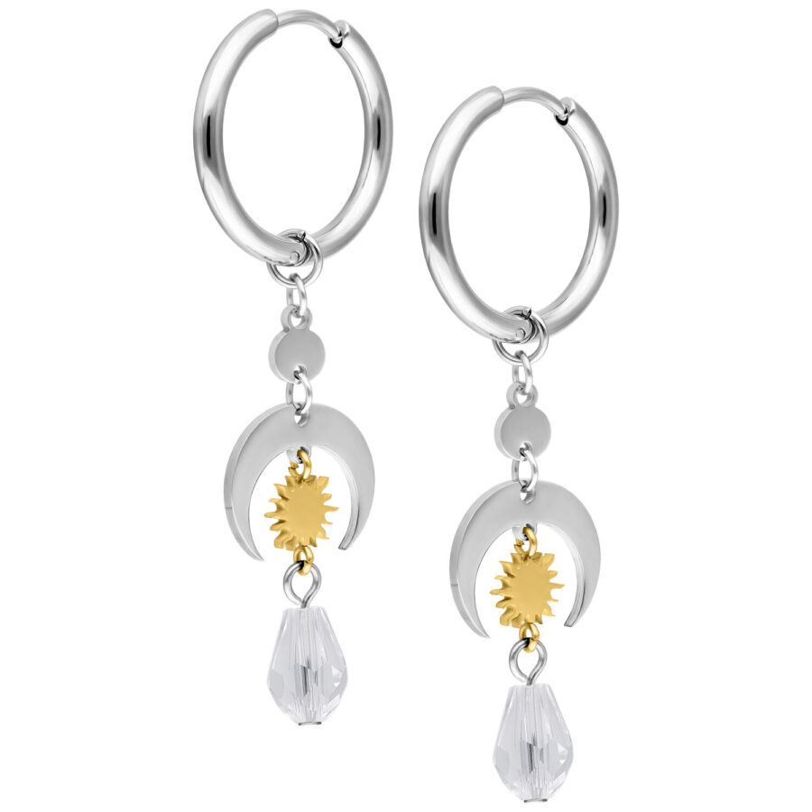 Silberne Edelstahl-Ohrringe mit goldenen Details und Kristallanhänger