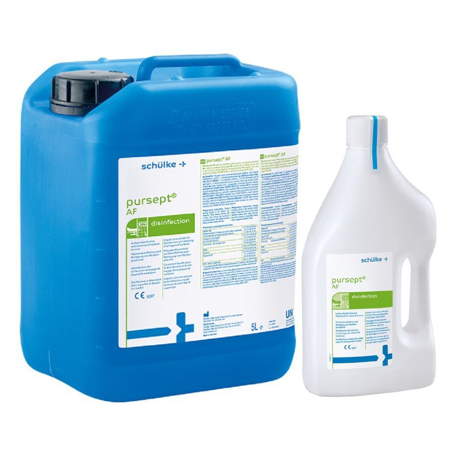 Schülke pursept® AF Flächendesinfektion 5L Blauer 5-Liter-Kanister und weiße 2-Liter-Flasche Schülke pursept® AF auf weißem Hintergrund