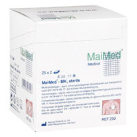 Weiße Box mit MaiMed Mullkompressen, 10x10 cm, 8-fach, steril, auf hellem Hintergrund