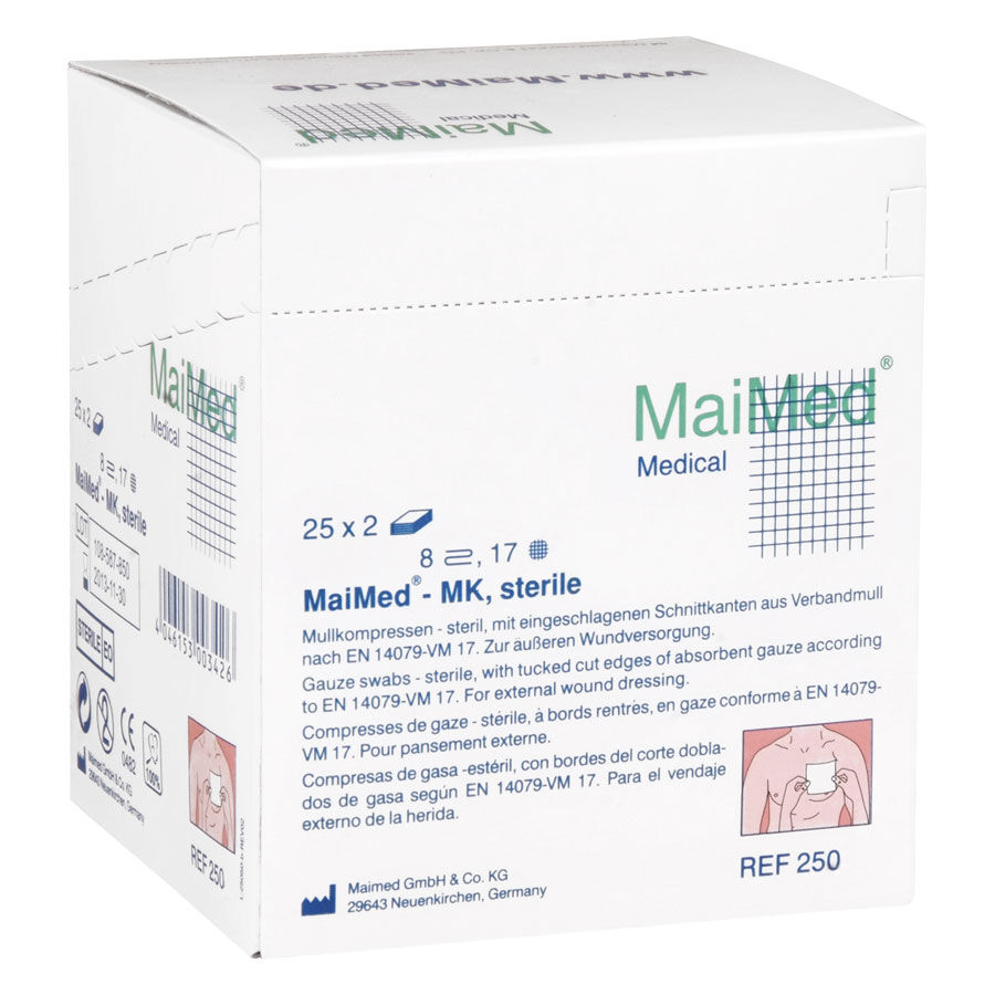 MaiMed Mullkompressen 10x10 cm, steril Weiße Box mit MaiMed Mullkompressen, 10x10 cm, 8-fach, steril, auf hellem Hintergrund