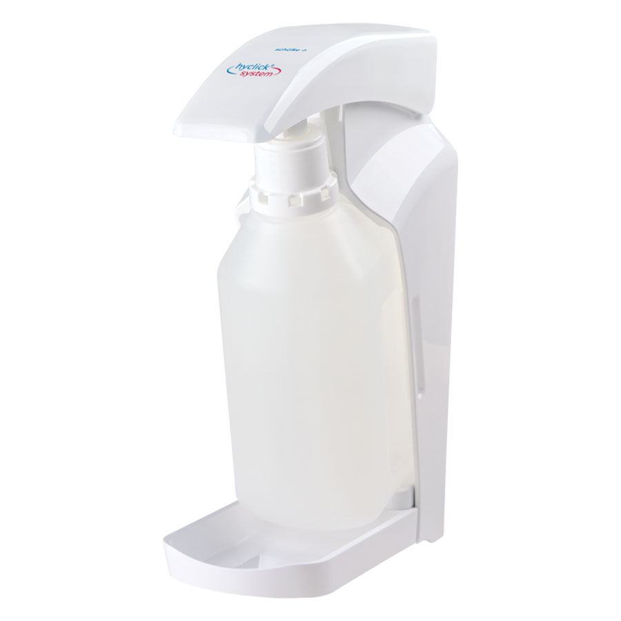 Hyclick Präparatespender Vario in Weiß Weißer Hyclick Präparatespender Vario mit transparenter Flasche auf weißem Hintergrund