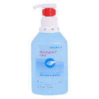Händedesinfektion Hyclick 500 ml von Wildcat Blaue Flasche Wildcat Händedesinfektion mit weißem Pumpspender auf weißem Hintergrund