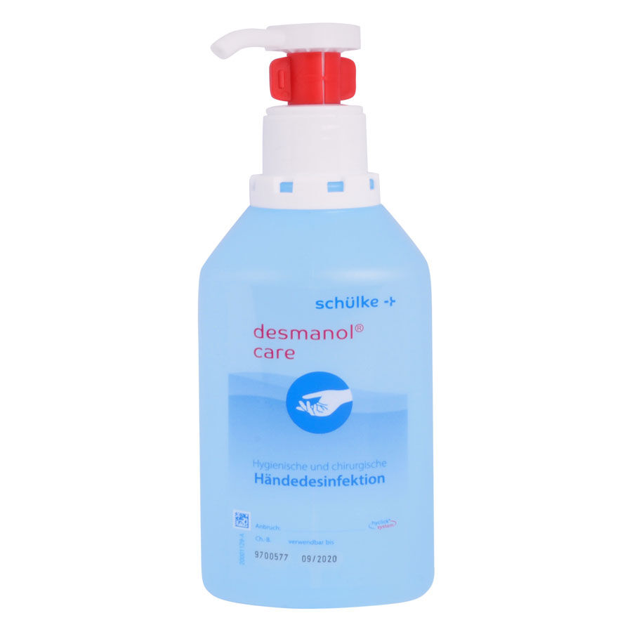 Händedesinfektion Hyclick 500 ml von Wildcat Blaue Flasche Wildcat Händedesinfektion mit weißem Pumpspender auf weißem Hintergrund