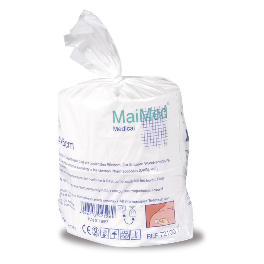 Unsterile Zellstofftupfer 4x5 cm, MaiMed Packung unsterile Zellstofftupfer 4x5 cm von MaiMed auf weißem Hintergrund