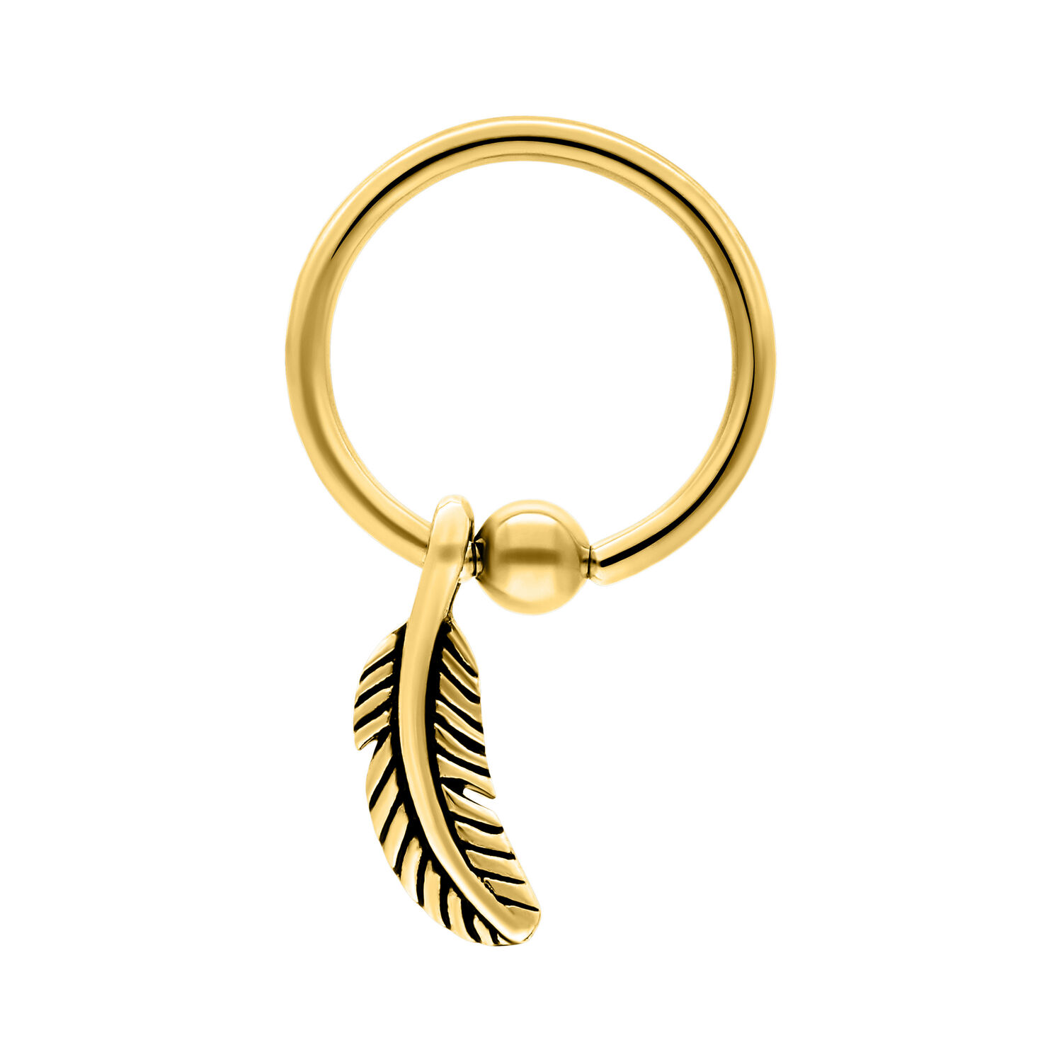 Goldener Feather Clip in Ring, 10 mm Goldener Clip in Ring mit Federanhänger auf weißem Hintergrund