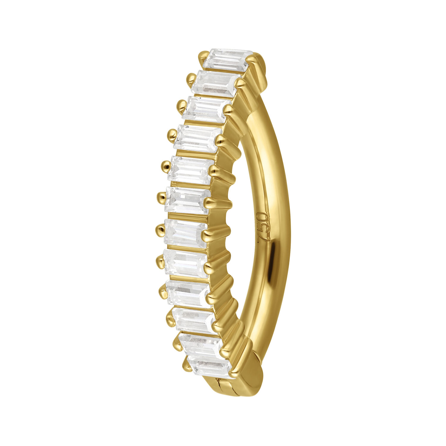 Goldener Bauchnabel Clicker aus 18K mit klaren Baguette Kristallen auf weißem Hintergrund