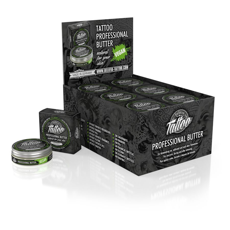 Believa Tattoo Butter 35 ml Box Believa Tattoo Butter in 35 ml Dose, in schwarzer Verpackung mit grünen Details, auf weißem Hintergrund