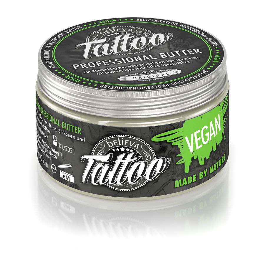 Believa Tattoo Butter – Vegane Pflege Believa Tattoo Butter in runder Dose, vegane Formel, grünes Design