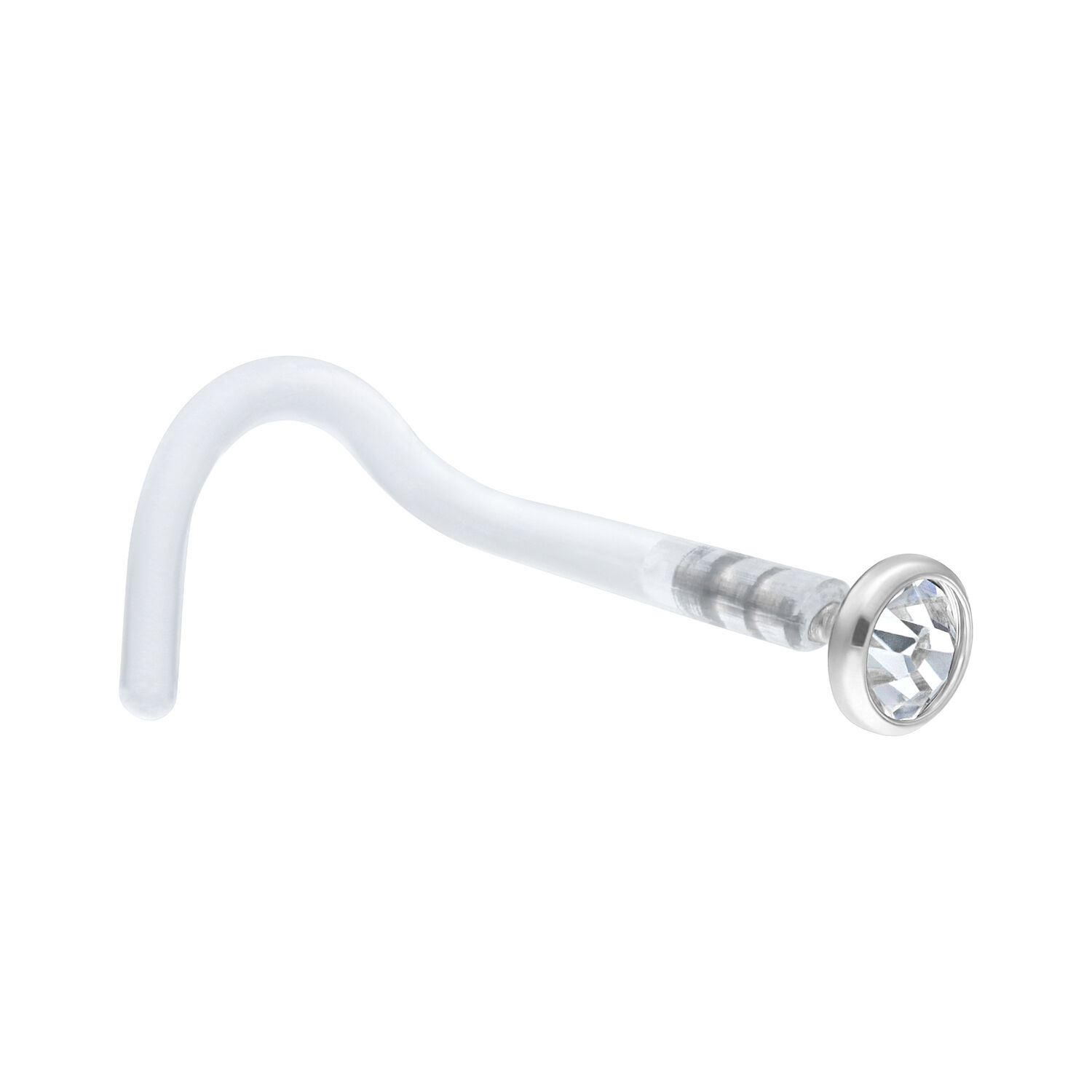 Nasenstecker mit weißem Kristall und Push Fit Weißer Kristall Nasenstecker aus Bioplast und Titan auf weißem Hintergrund