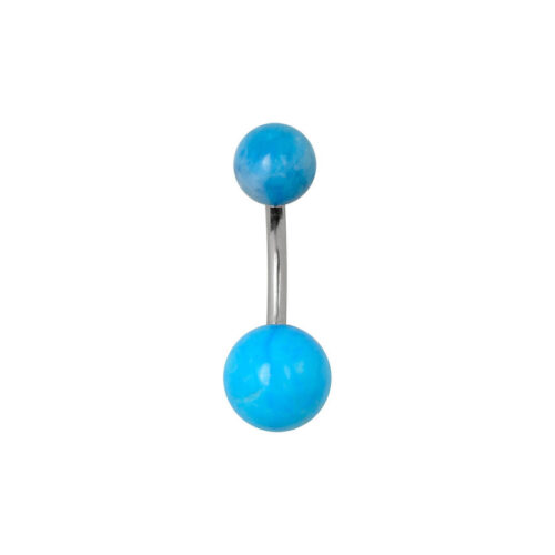 Bauchnabel-Piercing aus Titan mit zwei blauen Kugeln auf weißem Hintergrund