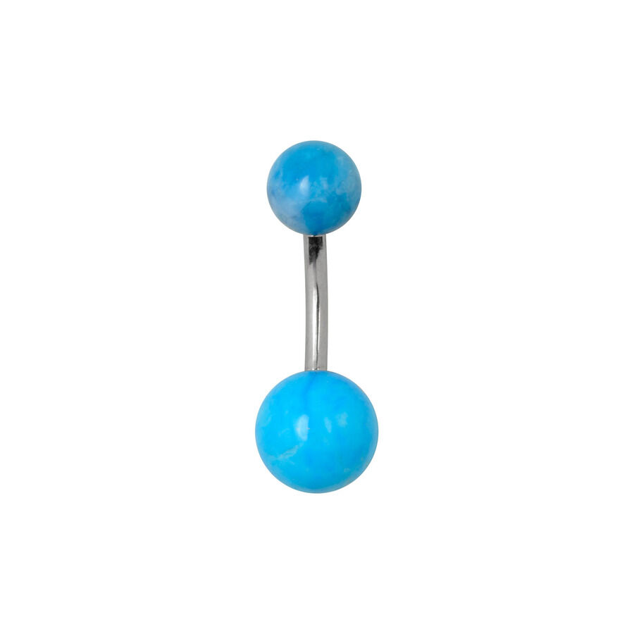 Soul Bananabell aus Titan mit blauen Kugeln Bauchnabel-Piercing aus Titan mit zwei blauen Kugeln auf weißem Hintergrund