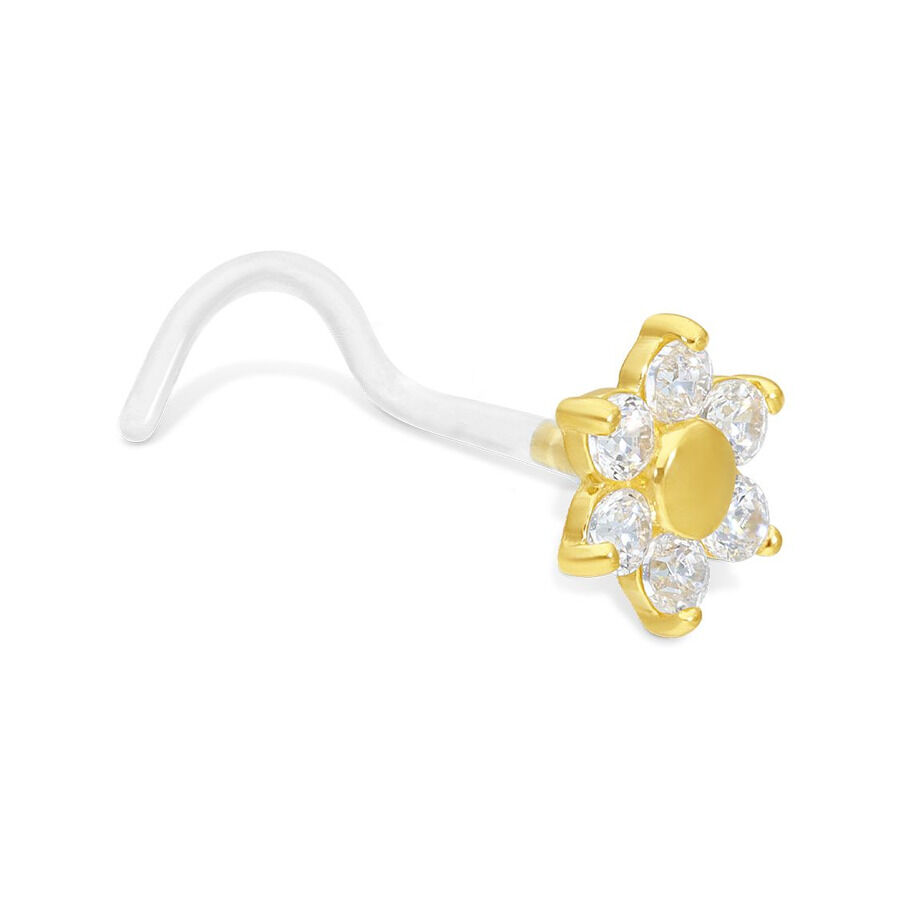 18k Gold Nasenstecker mit Kristallblume Goldener Nasenstecker in Blütenform mit klaren Kristallen auf weißem Hintergrund