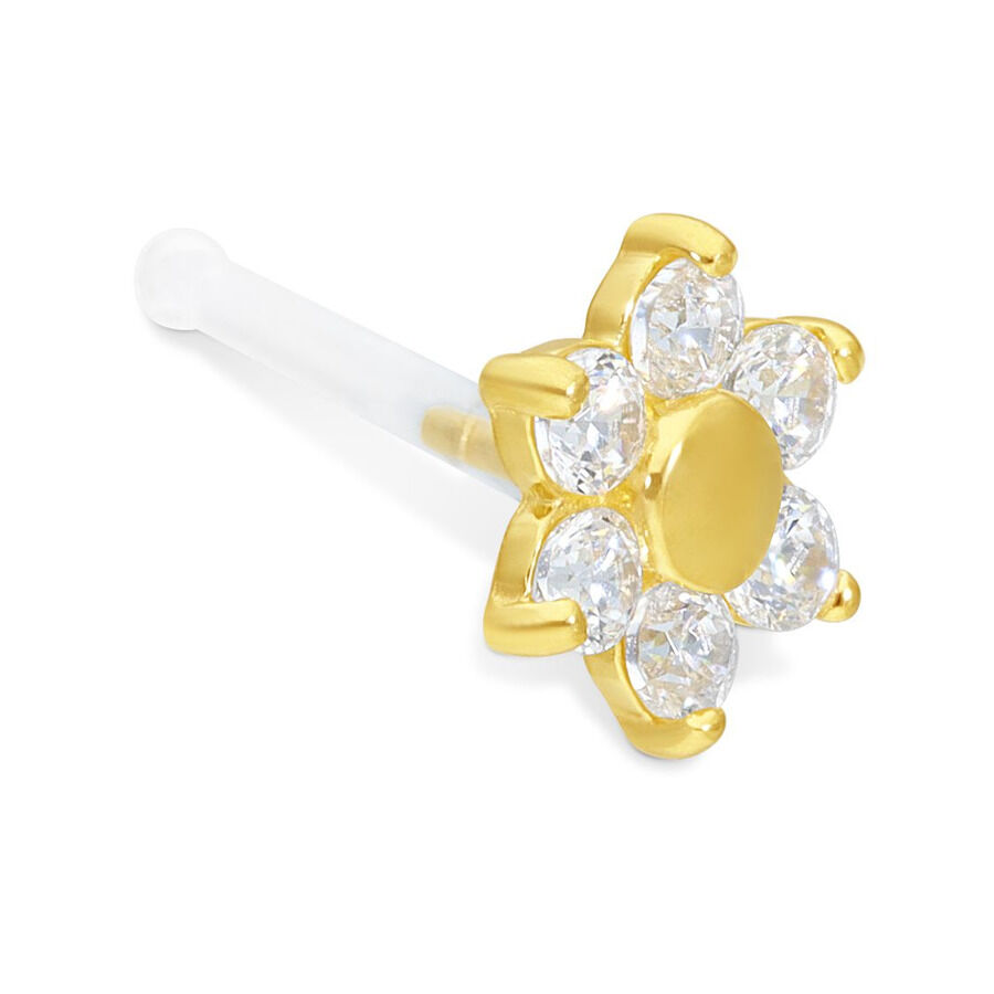18k Gold Nasenstecker mit Kristallblüten Goldener Nasenstecker mit klaren Kristallen in Blumenform, Bioplast-Stab