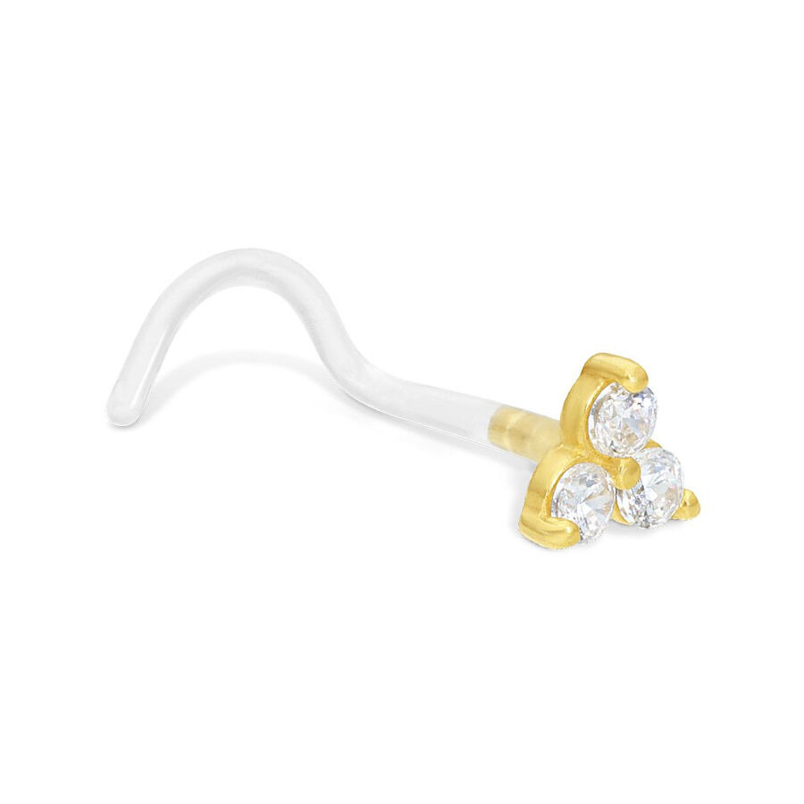 18k Gold Nasenstecker mit drei klaren Kristallen auf weißem Hintergrund