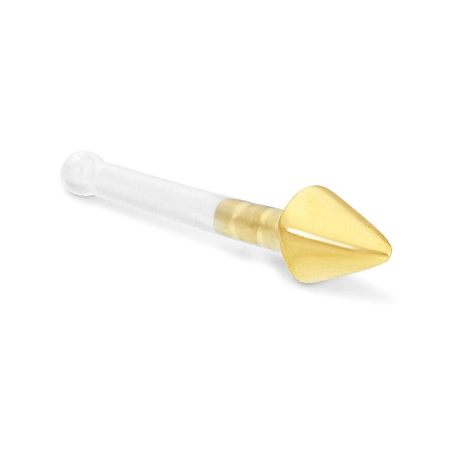 18k Gold Nasenstecker in Kegelform Goldener Nasenstecker aus 18k Gold mit Bioplast Stab auf weißem Hintergrund