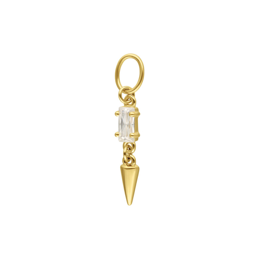 Goldener Piercing Anhänger mit klarem Kristall und Spike auf weißem Hintergrund