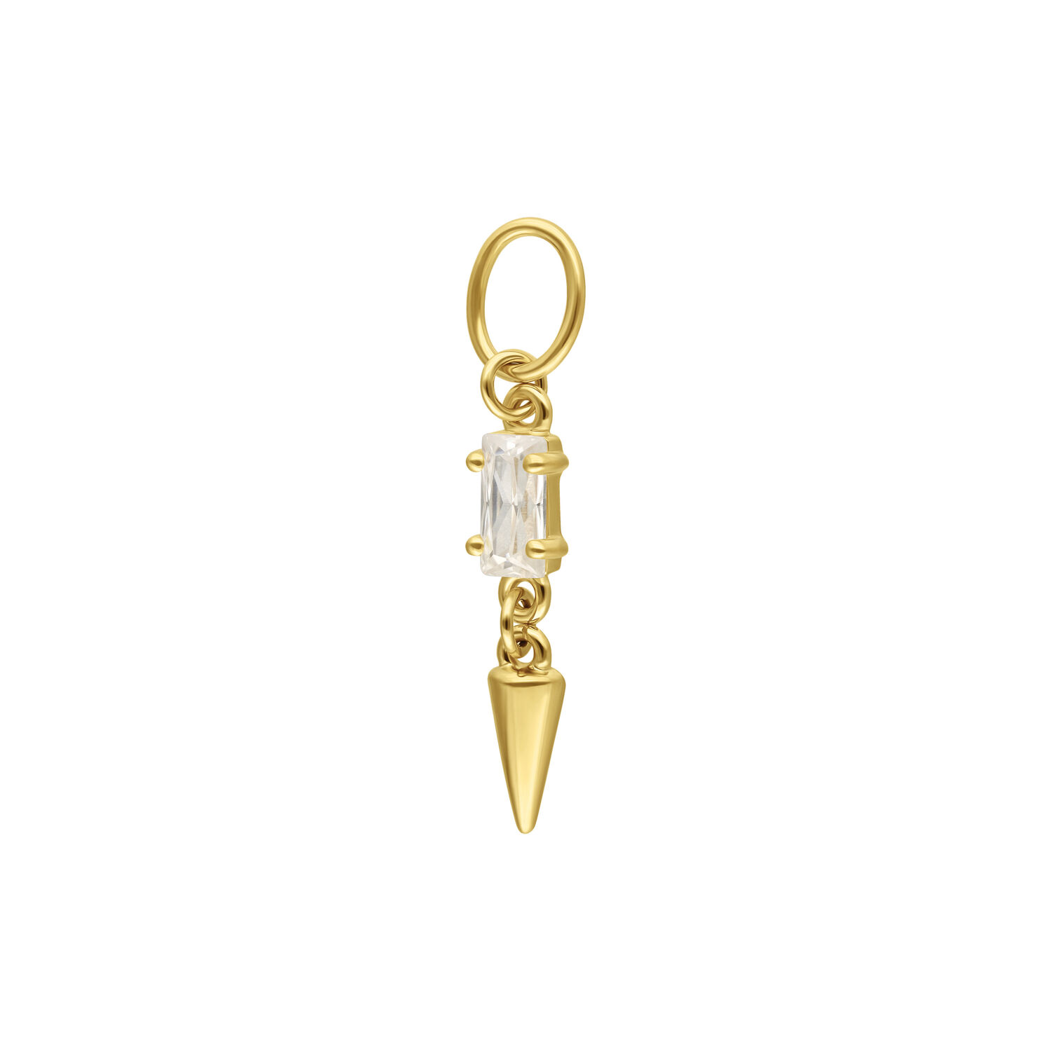 Goldener Piercing Anhänger mit klarem Kristall und Spike auf weißem Hintergrund