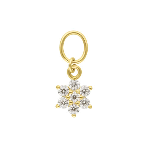 Goldener Blumenanhänger aus 18K Gold mit klaren Moissanitsteinen auf weißem Hintergrund