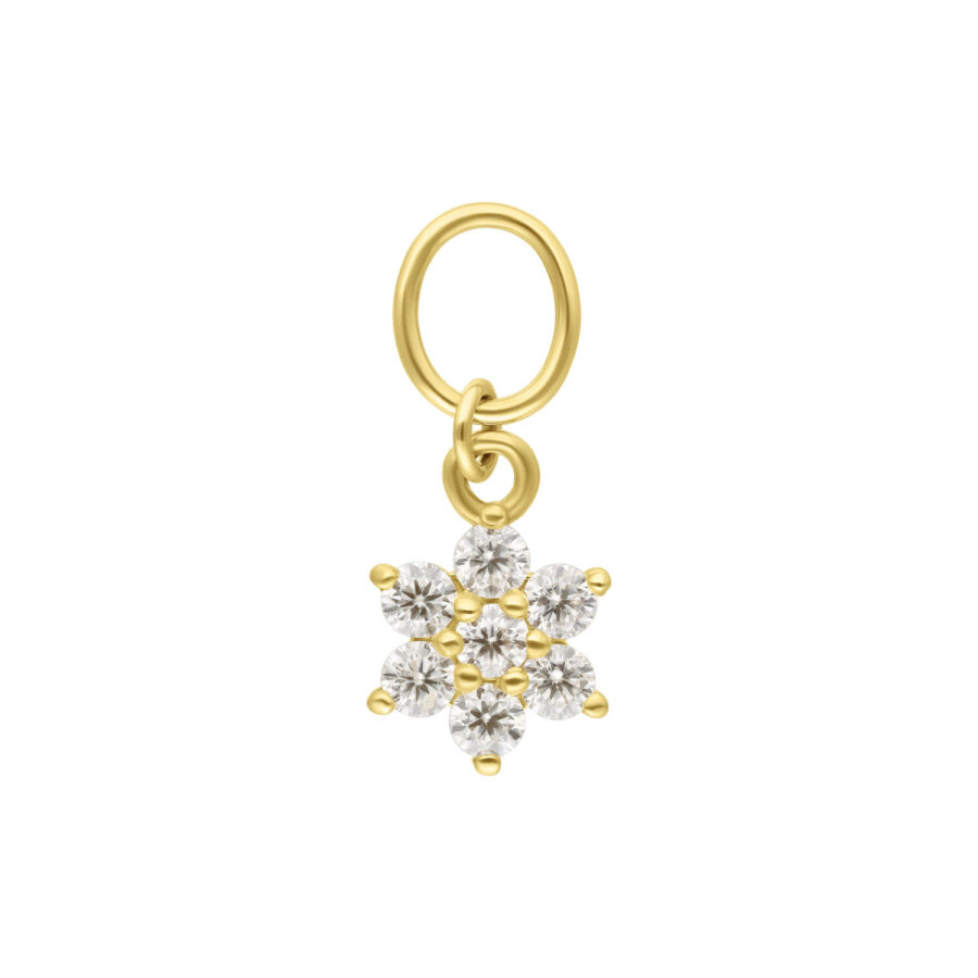 Goldener Blumenanhänger aus 18K Gold mit klaren Moissanitsteinen auf weißem Hintergrund