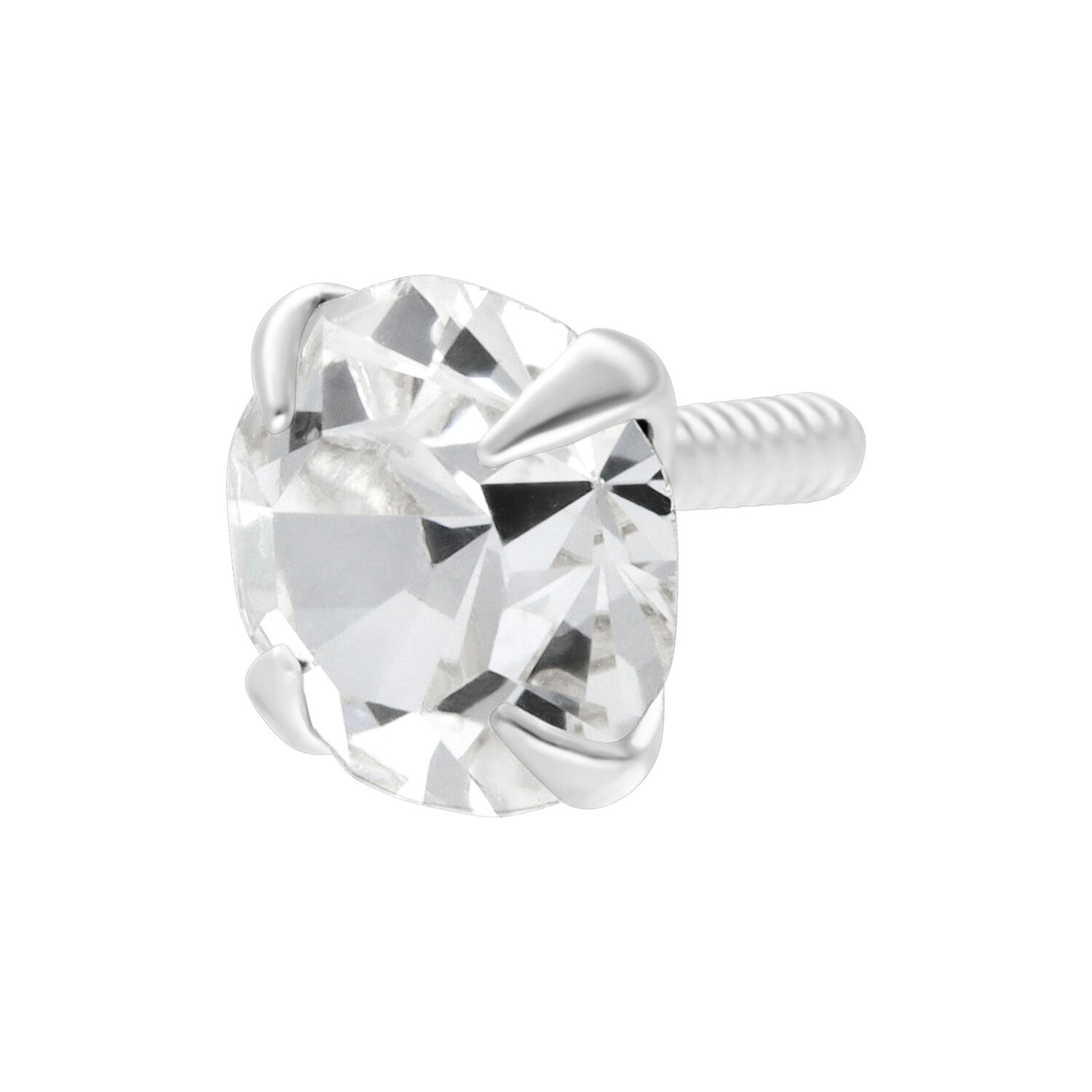 Silber Aufsatz mit Kristall für Piercing, 4mm Silberner Piercing-Aufsatz mit kristallklarem Stein auf weißem Hintergrund
