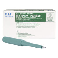 Sterile Biopsy Punch in 20er Box von Kai Medical Grüner Biopsy Punch vor weißer Verpackung mit grüner Aufschrift