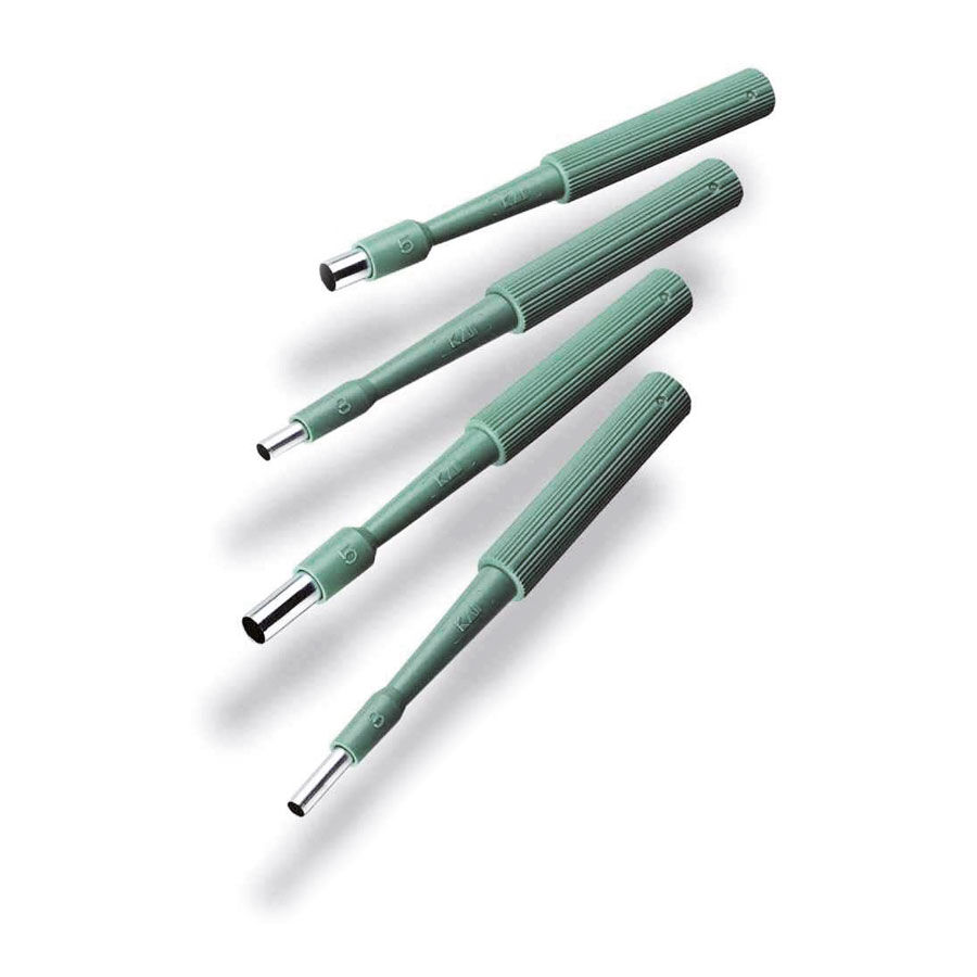 Wildcat Biopsy Punch Set in Grün Vier grüne Biopsy Punches mit Edelstahlspitzen auf weißem Hintergrund