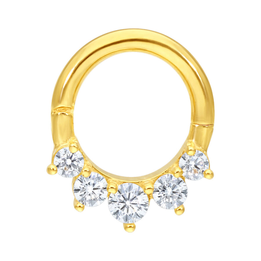 Goldfarbener Piercingring aus 18K Gold mit fünf klaren Kristallen auf weißem Hintergrund