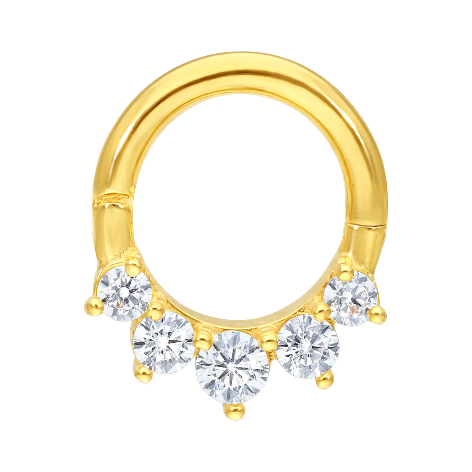 Goldfarbener Piercingring aus 18K Gold mit fünf klaren Kristallen auf weißem Hintergrund