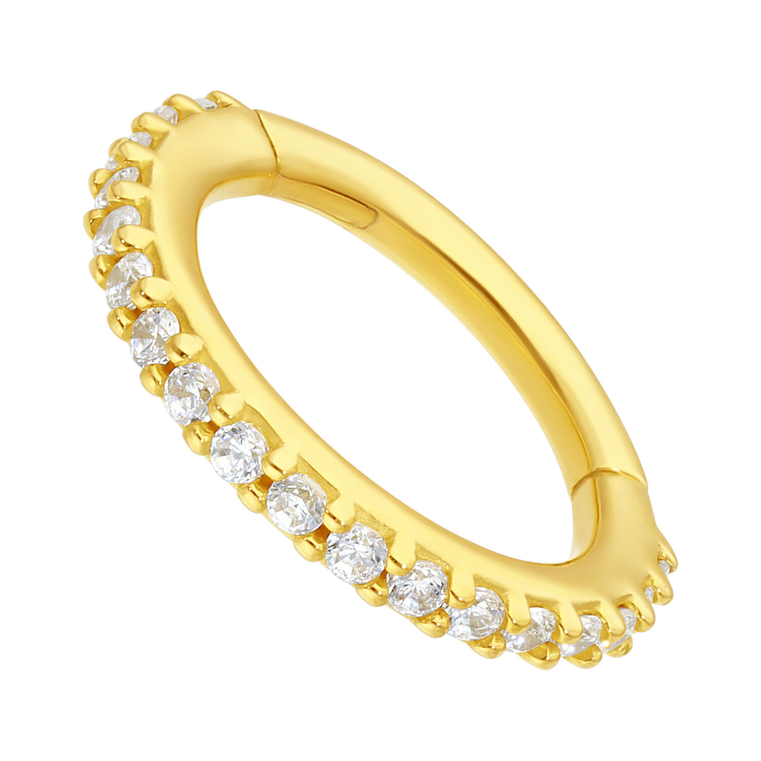 18K Goldring mit Kristall-Pave-Set Goldener 18K Ring mit klaren Kristallen auf weißem Hintergrund