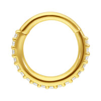 18K Gold Pave Set Kristallring für Piercings Goldener 18K Piercingring mit klaren Kristallen auf weißem Hintergrund