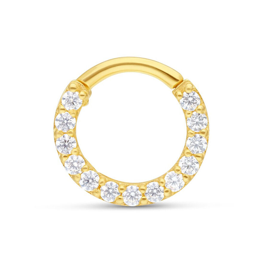 18K Gold Septum Ring mit Kristallen Goldener Septumring mit klaren Kristallen auf weißem Hintergrund
