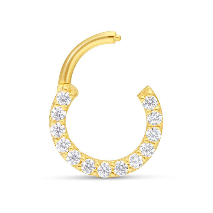 18k Gold Pave Set Septum Ring 1,2 mm 8,0 mm Goldener Septumring mit klaren Kristallen, 1,2 mm Stärke, 8,0 mm Innendurchmesser auf weißem Hintergrund
